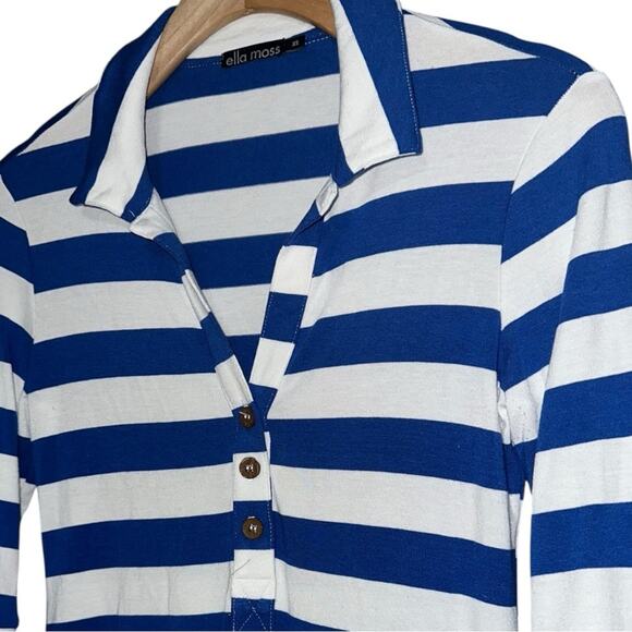 Ella Moss Size XS Blue White Striped Roll Tab Sleeve Collared Henley Tunic Top - Picture 3 of 7